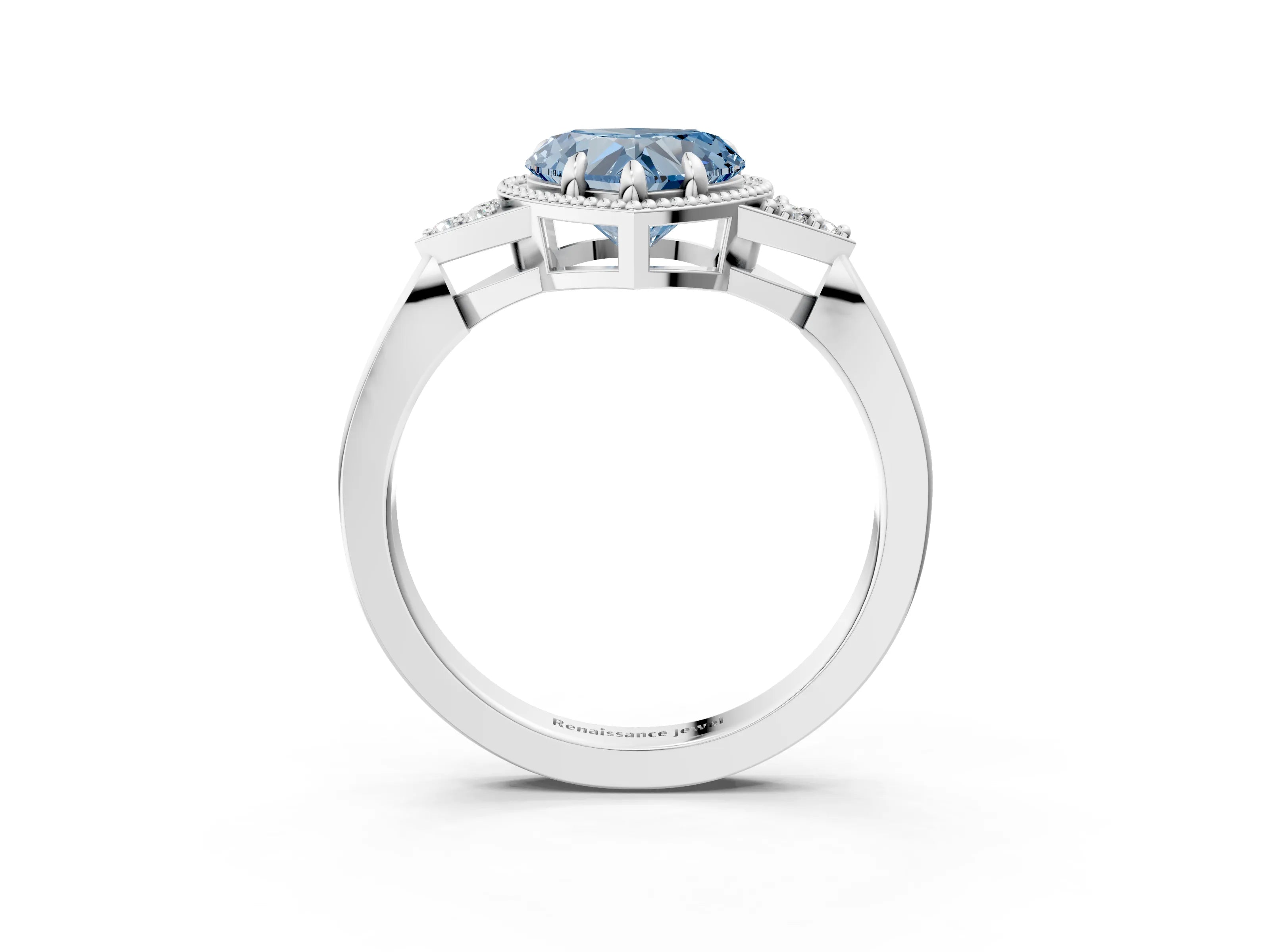 White gold Hexagonal Halo Fancy Blue Heart Cut Diamond Solitaire with Pavé Band and Four-Prong Setting_6