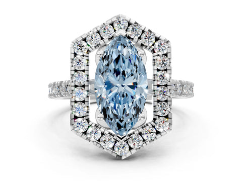White gold Hexagonal Halo Fancy Blue Marquise Cut Diamond Pavé Band with Four-Prong Setting