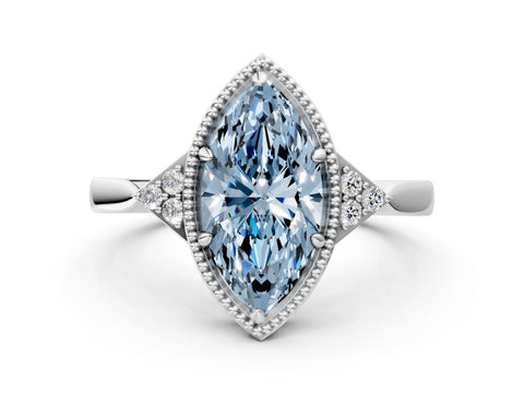 White gold Hexagonal Halo Fancy Blue Marquise Cut Diamond Solitaire with Pavé Band and Four-Prong Setting_15