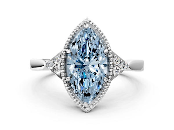 Platinum Hexagonal Halo Fancy Blue Marquise Cut Diamond Solitaire with Pavé Band and Four-Prong Setting