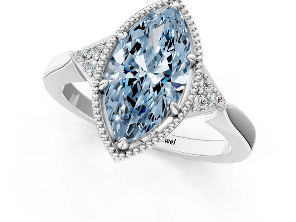 Platinum Hexagonal Halo Fancy Blue Marquise Cut Diamond Solitaire with Pavé Band and Four-Prong Setting