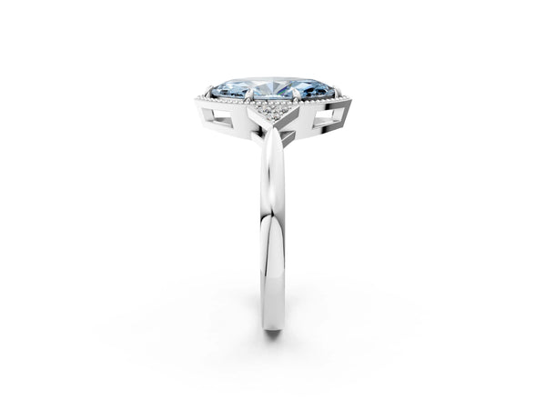 Platinum Hexagonal Halo Fancy Blue Marquise Cut Diamond Solitaire with Pavé Band and Four-Prong Setting
