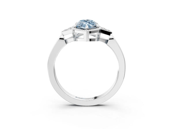 Platinum Hexagonal Halo Fancy Blue Marquise Cut Diamond Solitaire with Pavé Band and Four-Prong Setting