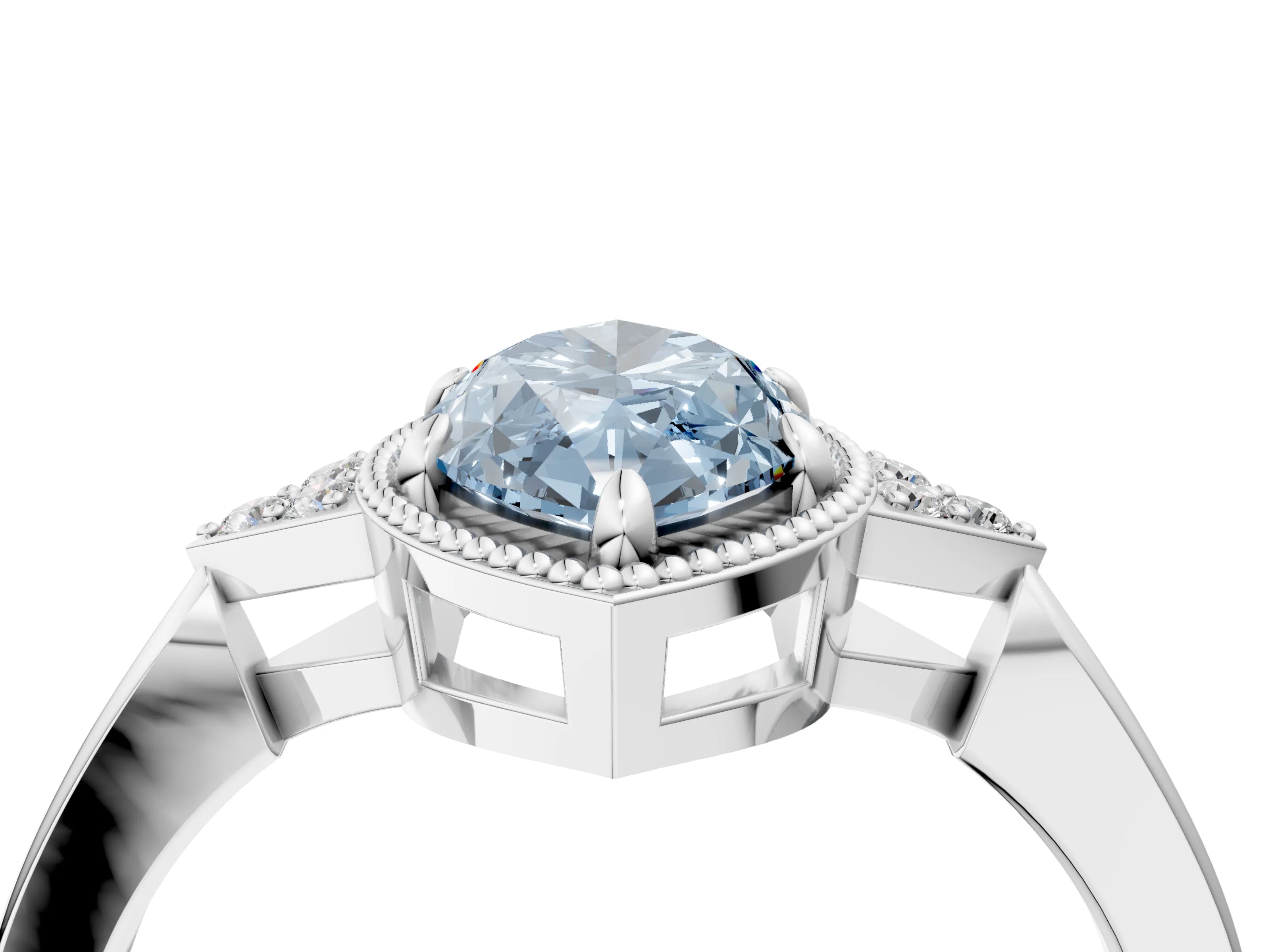 White gold Hexagonal Halo Fancy Blue Marquise Cut Diamond Solitaire with Pavé Band and Four-Prong Setting_31