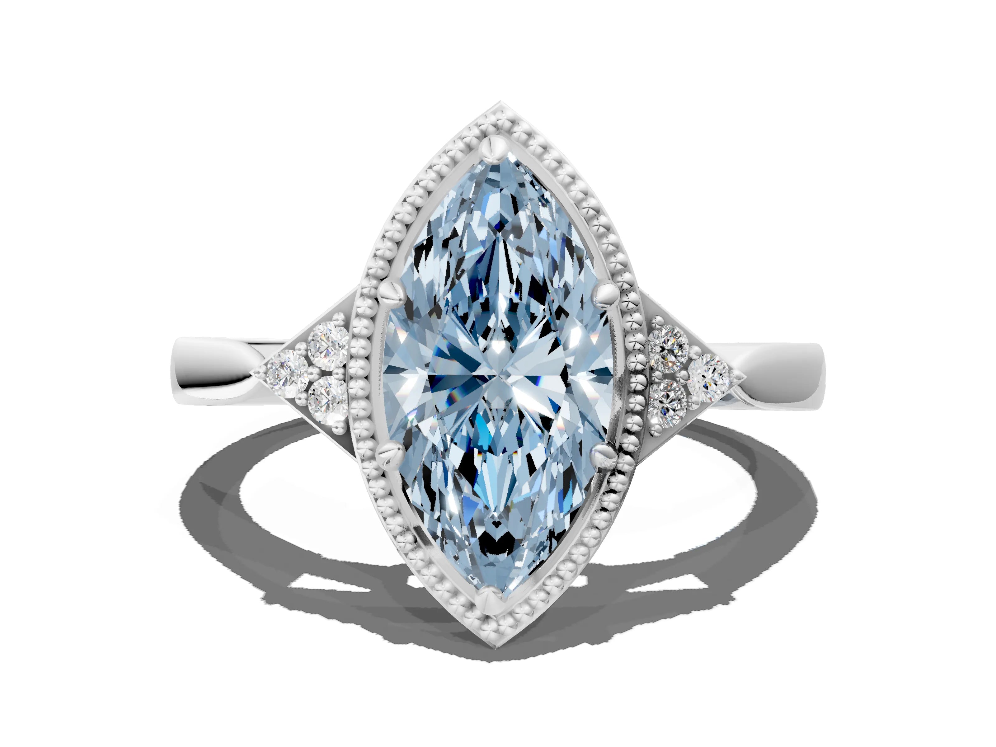 White gold Hexagonal Halo Fancy Blue Marquise Cut Diamond Solitaire with Pavé Band and Four-Prong Setting_3