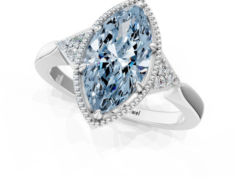White gold Hexagonal Halo Fancy Blue Marquise Cut Diamond Solitaire with Pavé Band and Four-Prong Setting_4
