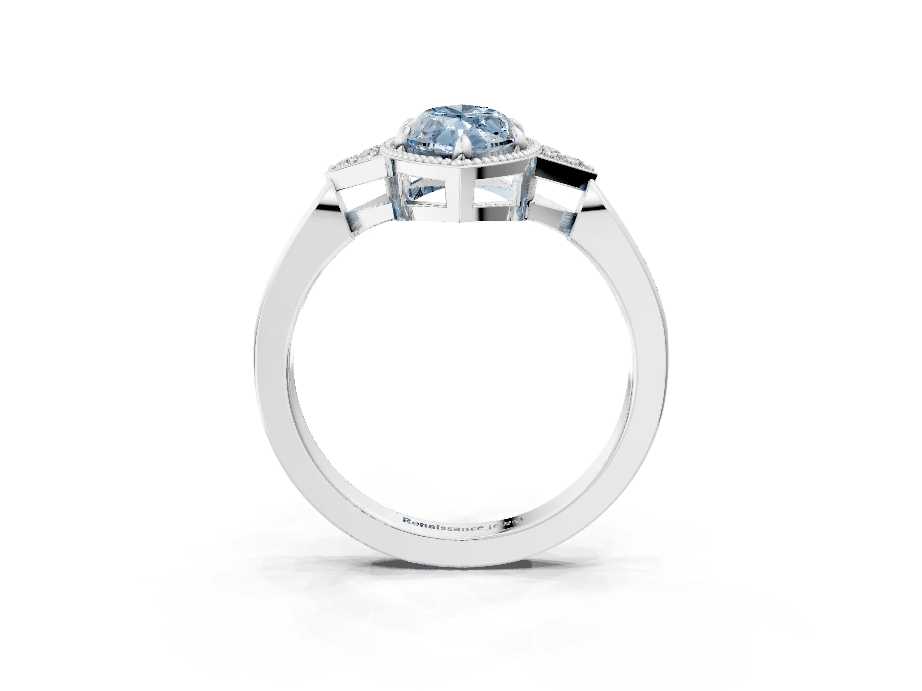 White gold Hexagonal Halo Fancy Blue Marquise Cut Diamond Solitaire with Pavé Band and Four-Prong Setting_6