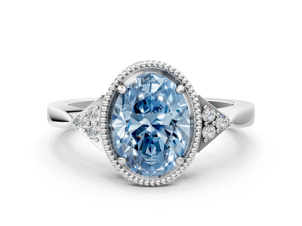 Platinum Hexagonal Halo Fancy Blue Oval Cut Diamond Solitaire with Pavé Band and Four-Prong Setting