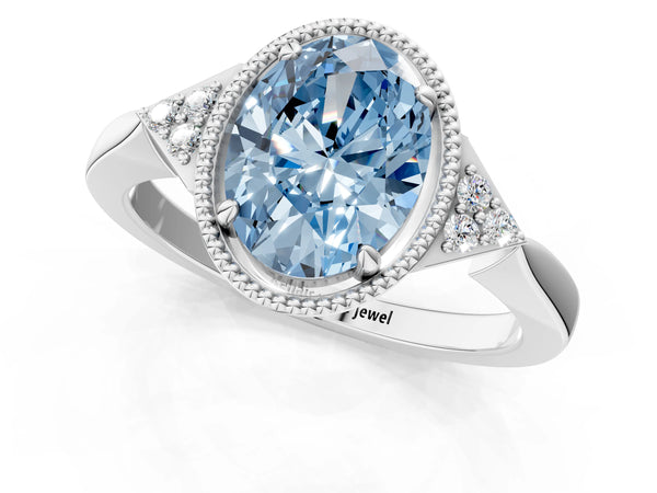 Platinum Hexagonal Halo Fancy Blue Oval Cut Diamond Solitaire with Pavé Band and Four-Prong Setting