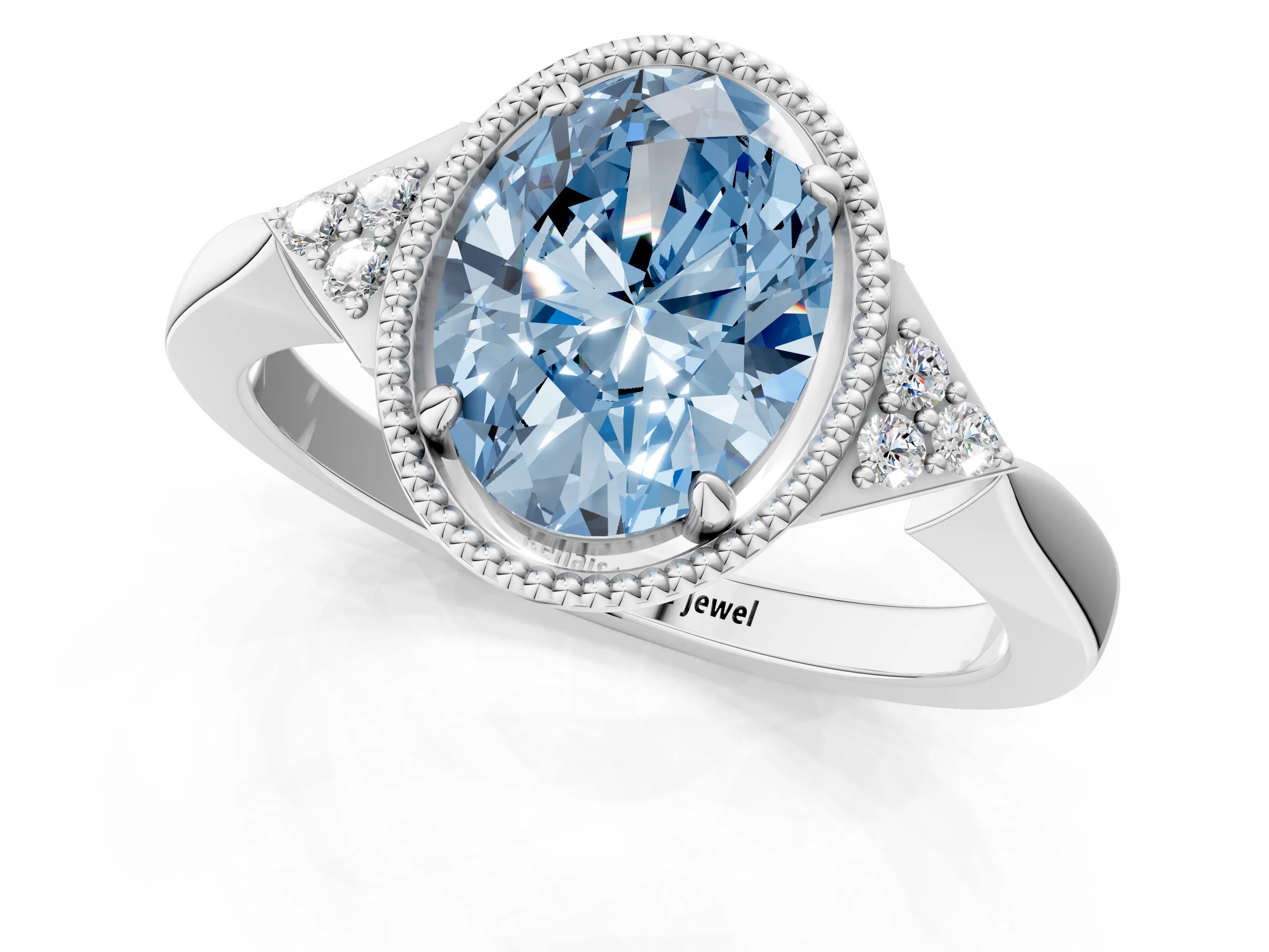 White gold Hexagonal Halo Fancy Blue Oval Cut Diamond Solitaire with Pavé Band and Four-Prong Setting_16
