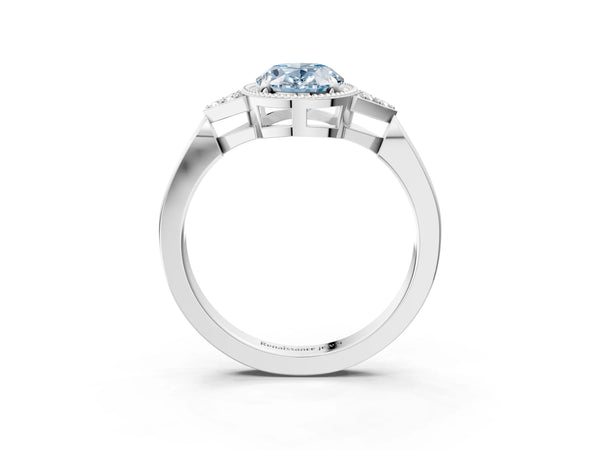 Platinum Hexagonal Halo Fancy Blue Oval Cut Diamond Solitaire with Pavé Band and Four-Prong Setting