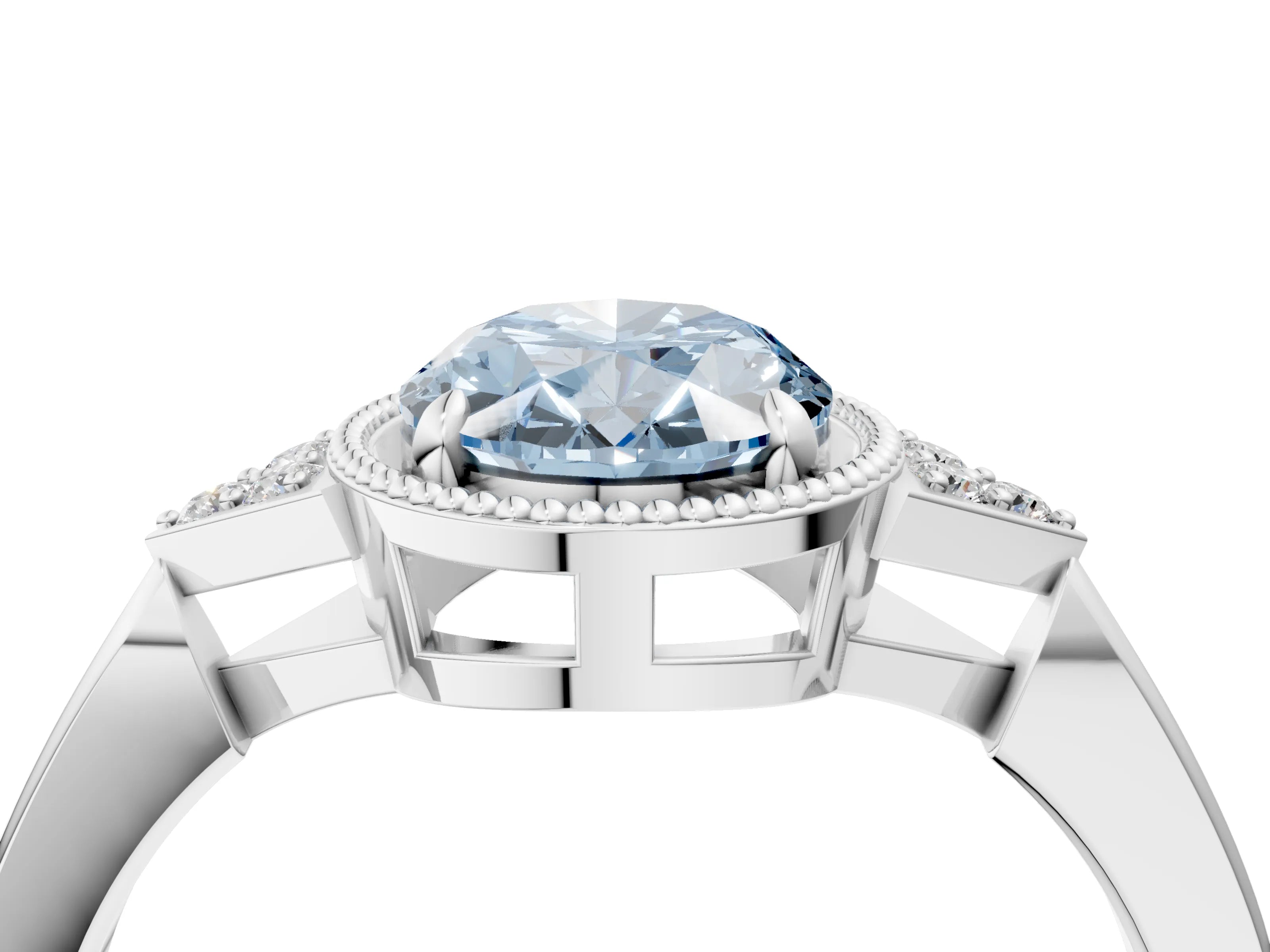 White gold Hexagonal Halo Fancy Blue Oval Cut Diamond Solitaire with Pavé Band and Four-Prong Setting_19