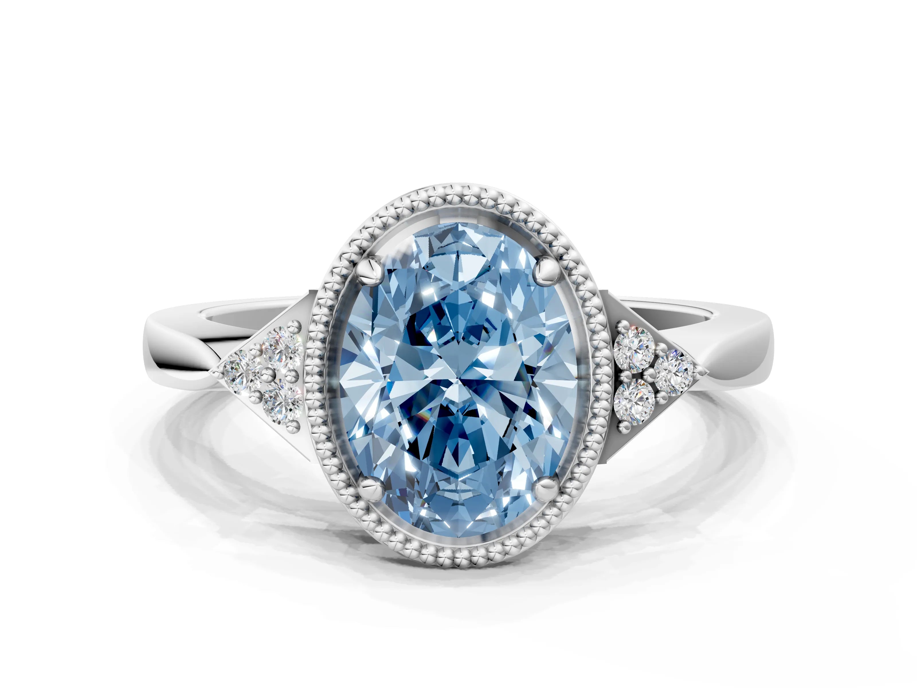 White gold Hexagonal Halo Fancy Blue Oval Cut Diamond Solitaire with Pavé Band and Four-Prong Setting_3