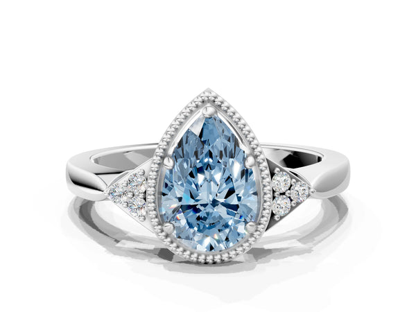 White gold Hexagonal Halo Fancy Blue Pear Cut Diamond Solitaire with Pavé Band and Four-Prong Setting