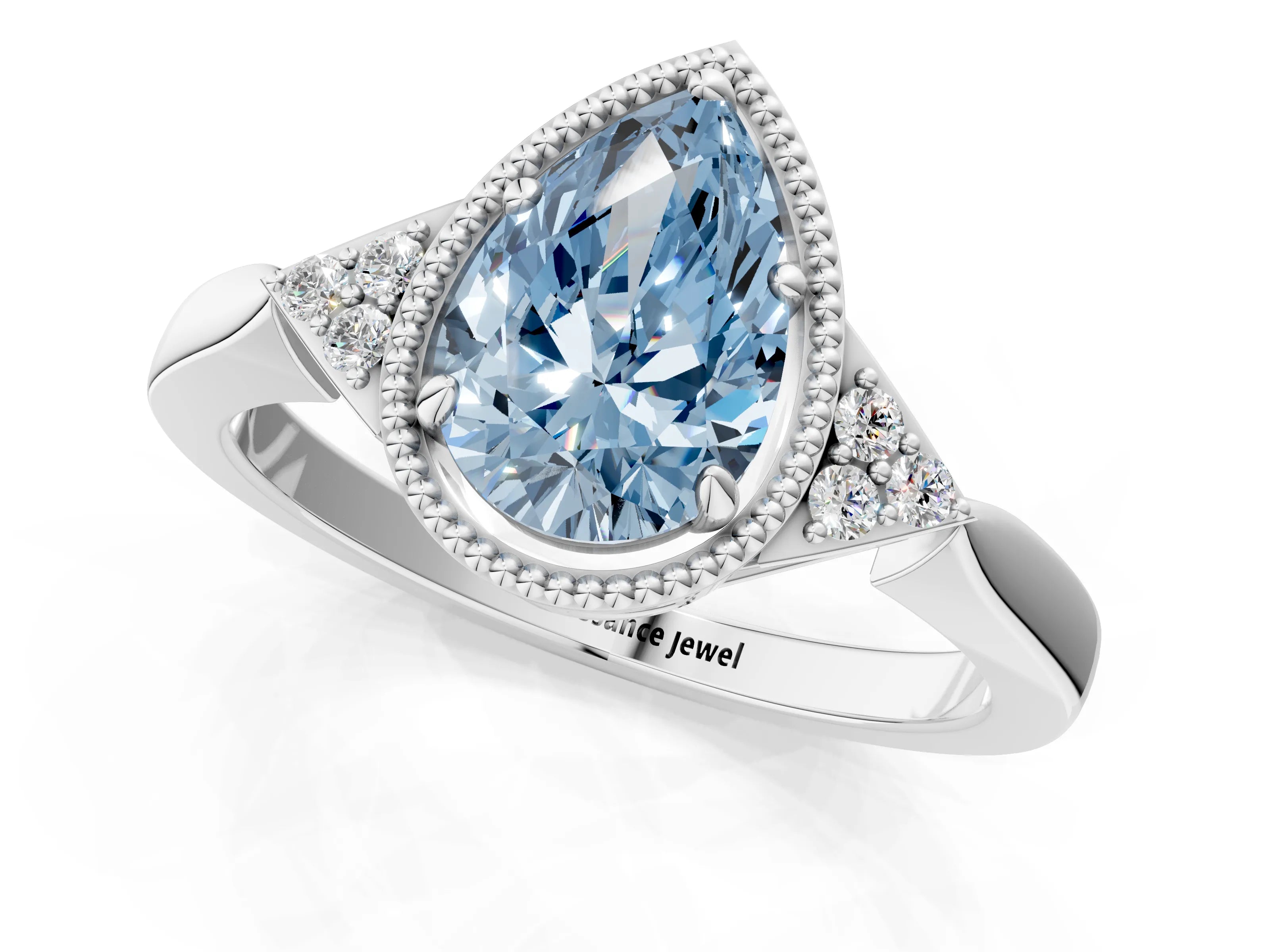 White gold Hexagonal Halo Fancy Blue Pear Cut Diamond Solitaire with Pavé Band and Four-Prong Setting_16