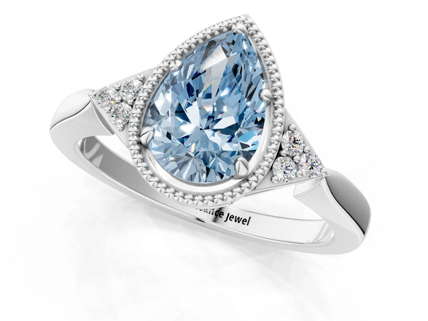 White gold Hexagonal Halo Fancy Blue Pear Cut Diamond Solitaire with Pavé Band and Four-Prong Setting