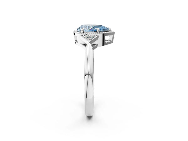 White gold Hexagonal Halo Fancy Blue Pear Cut Diamond Solitaire with Pavé Band and Four-Prong Setting
