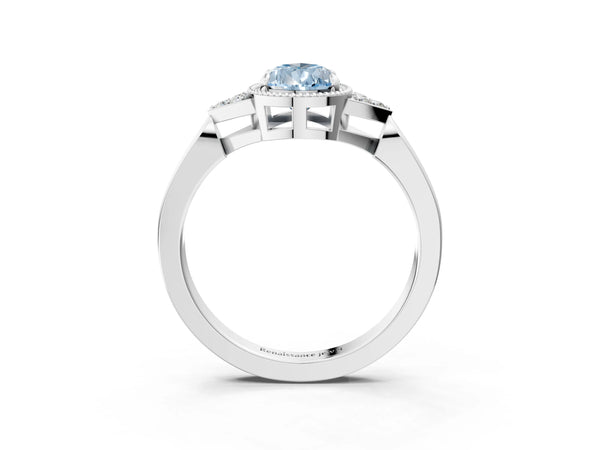 White gold Hexagonal Halo Fancy Blue Pear Cut Diamond Solitaire with Pavé Band and Four-Prong Setting