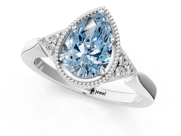 White gold Hexagonal Halo Fancy Blue Pear Cut Diamond Solitaire with Pavé Band and Four-Prong Setting