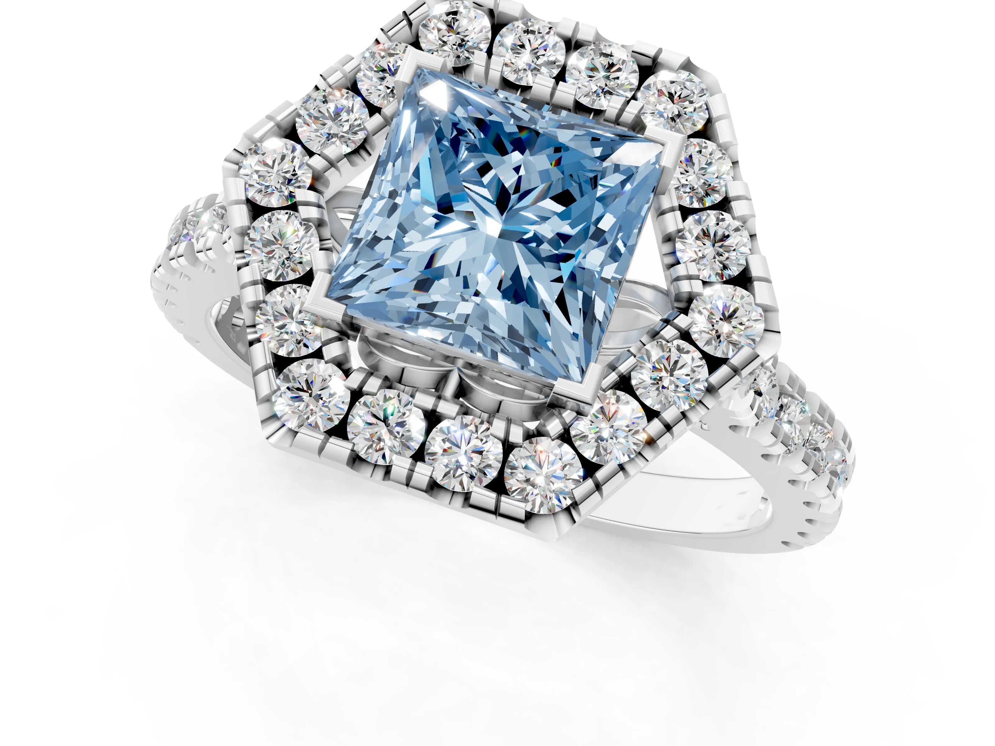 White gold Hexagonal Halo Fancy Blue Princess Cut Diamond Pavé Band with Four-Prong Setting_1