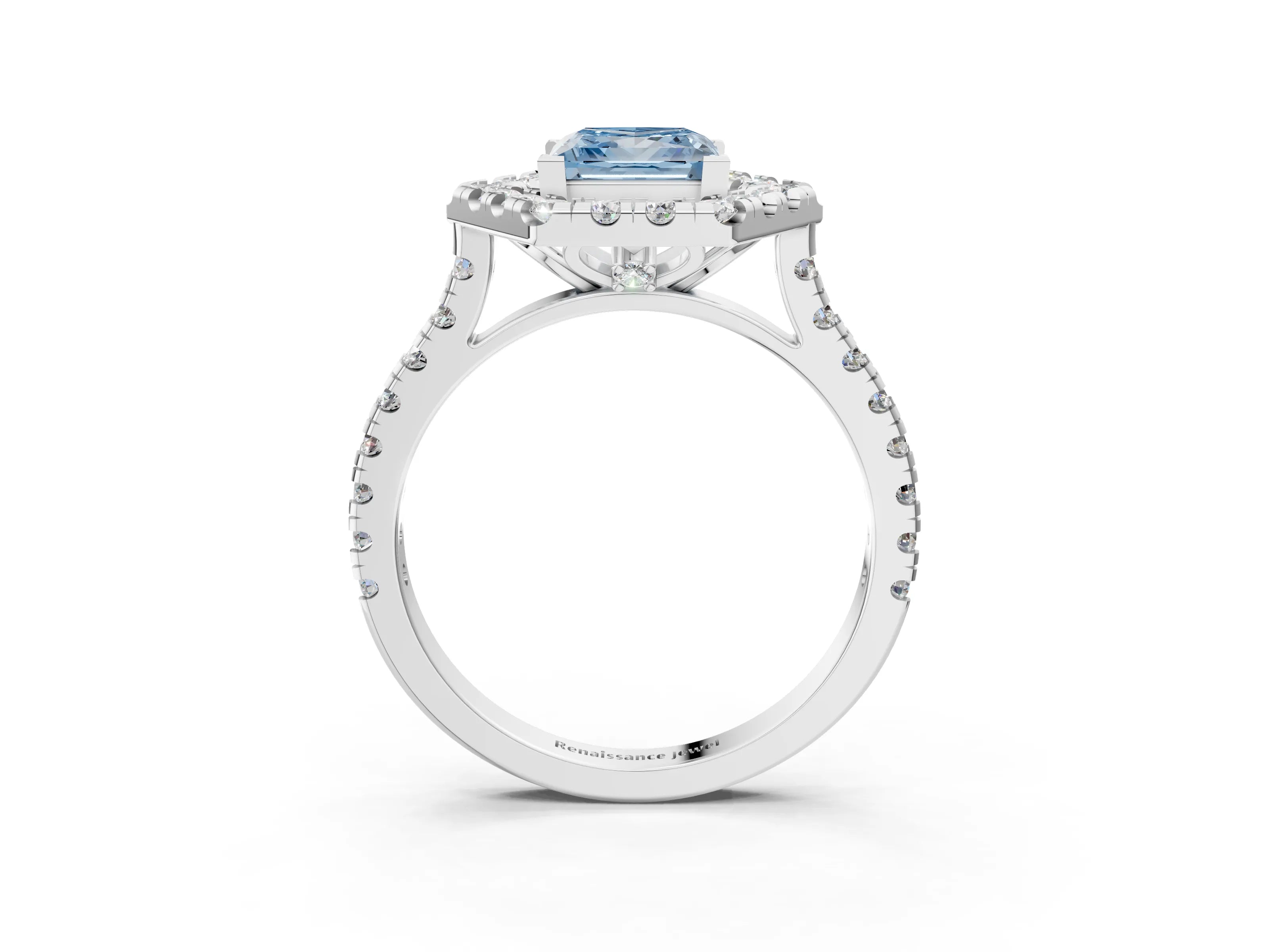 White gold Hexagonal Halo Fancy Blue Princess Cut Diamond Pavé Band with Four-Prong Setting_3