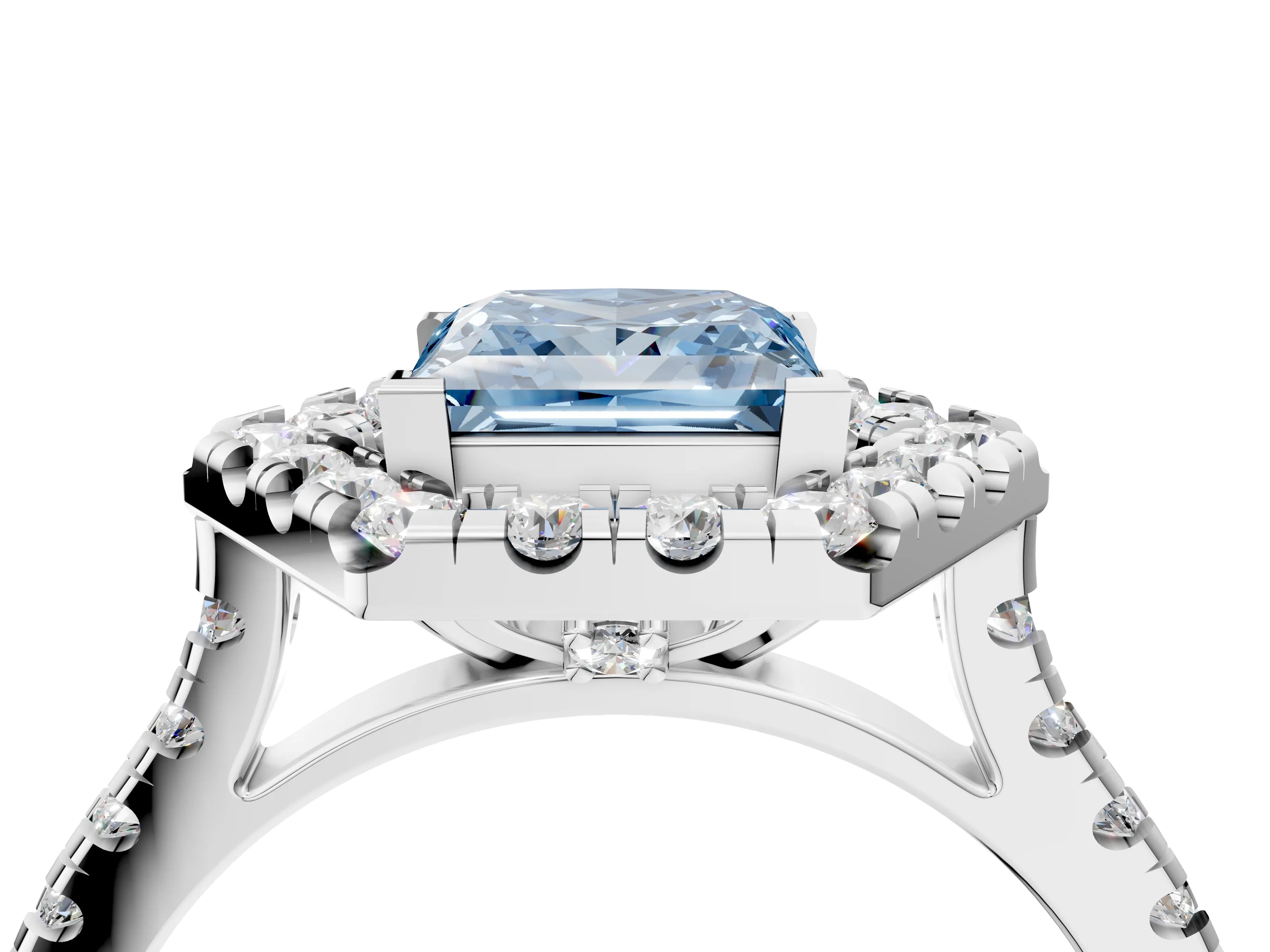 White gold Hexagonal Halo Fancy Blue Princess Cut Diamond Pavé Band with Four-Prong Setting_4