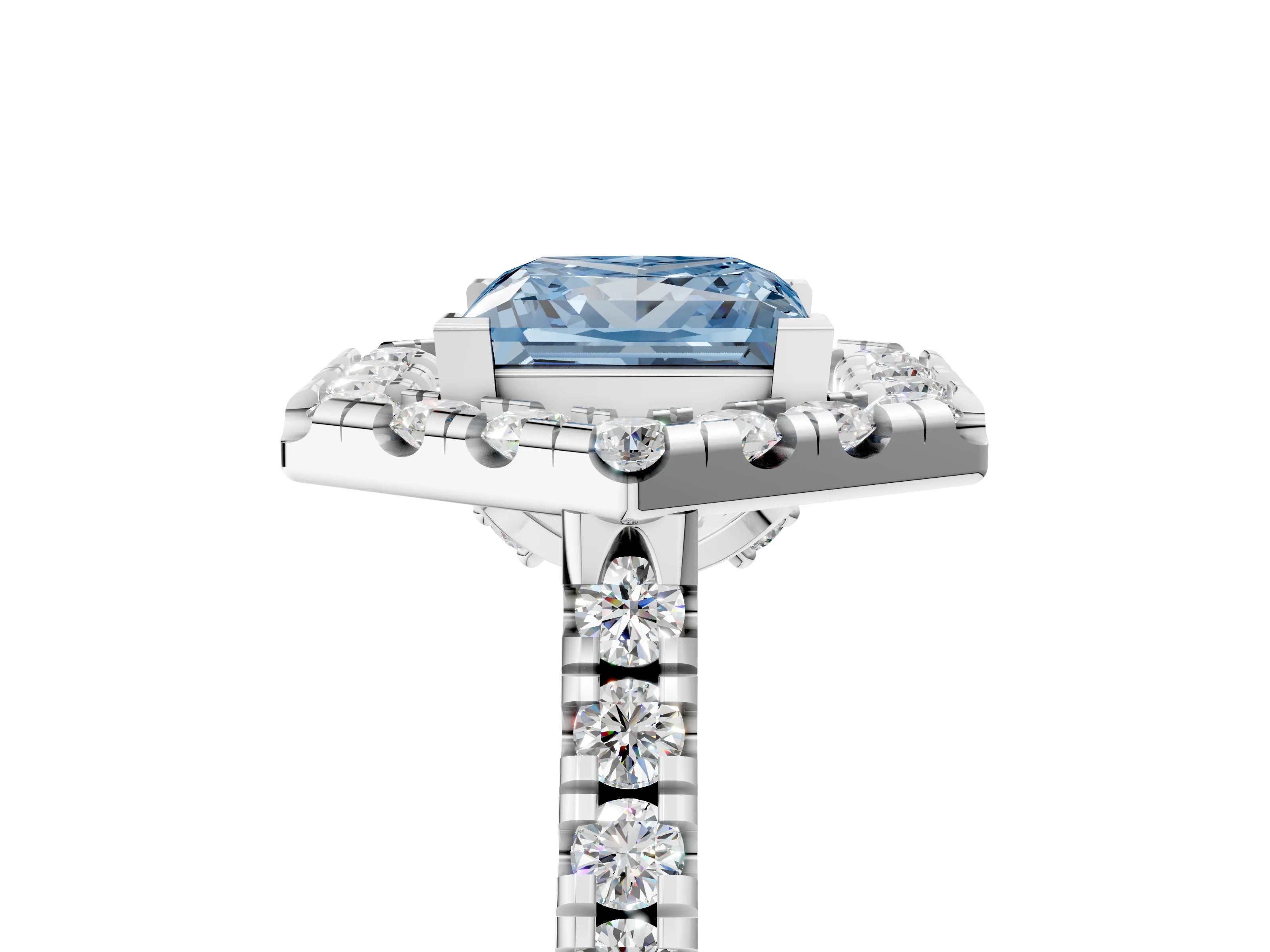 White gold Hexagonal Halo Fancy Blue Princess Cut Diamond Pavé Band with Four-Prong Setting_5