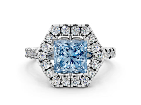 White gold Hexagonal Halo Fancy Blue Princess Cut Diamond Pavé Band with Four-Prong Setting