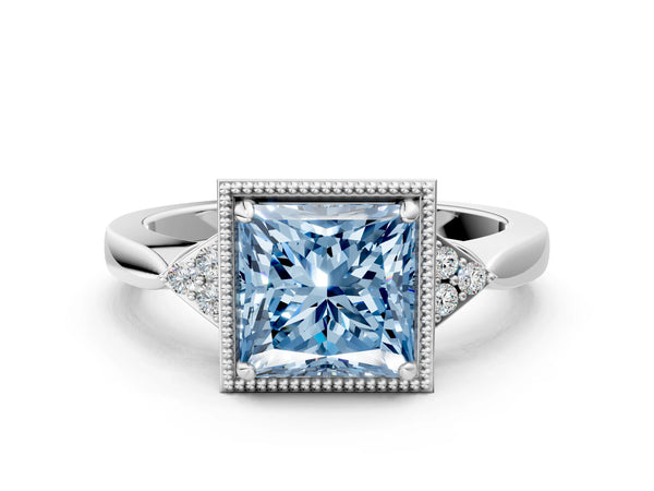 White gold Hexagonal Halo Fancy Blue Princess Cut Diamond Solitaire with Pavé Band and Four-Prong Setting