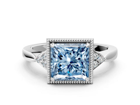 White gold Hexagonal Halo Fancy Blue Princess Cut Diamond Solitaire with Pavé Band and Four-Prong Setting_15
