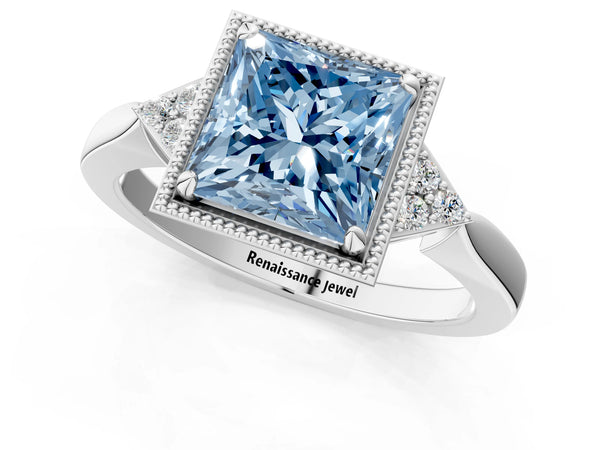 White gold Hexagonal Halo Fancy Blue Princess Cut Diamond Solitaire with Pavé Band and Four-Prong Setting