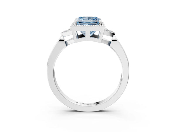 White gold Hexagonal Halo Fancy Blue Princess Cut Diamond Solitaire with Pavé Band and Four-Prong Setting