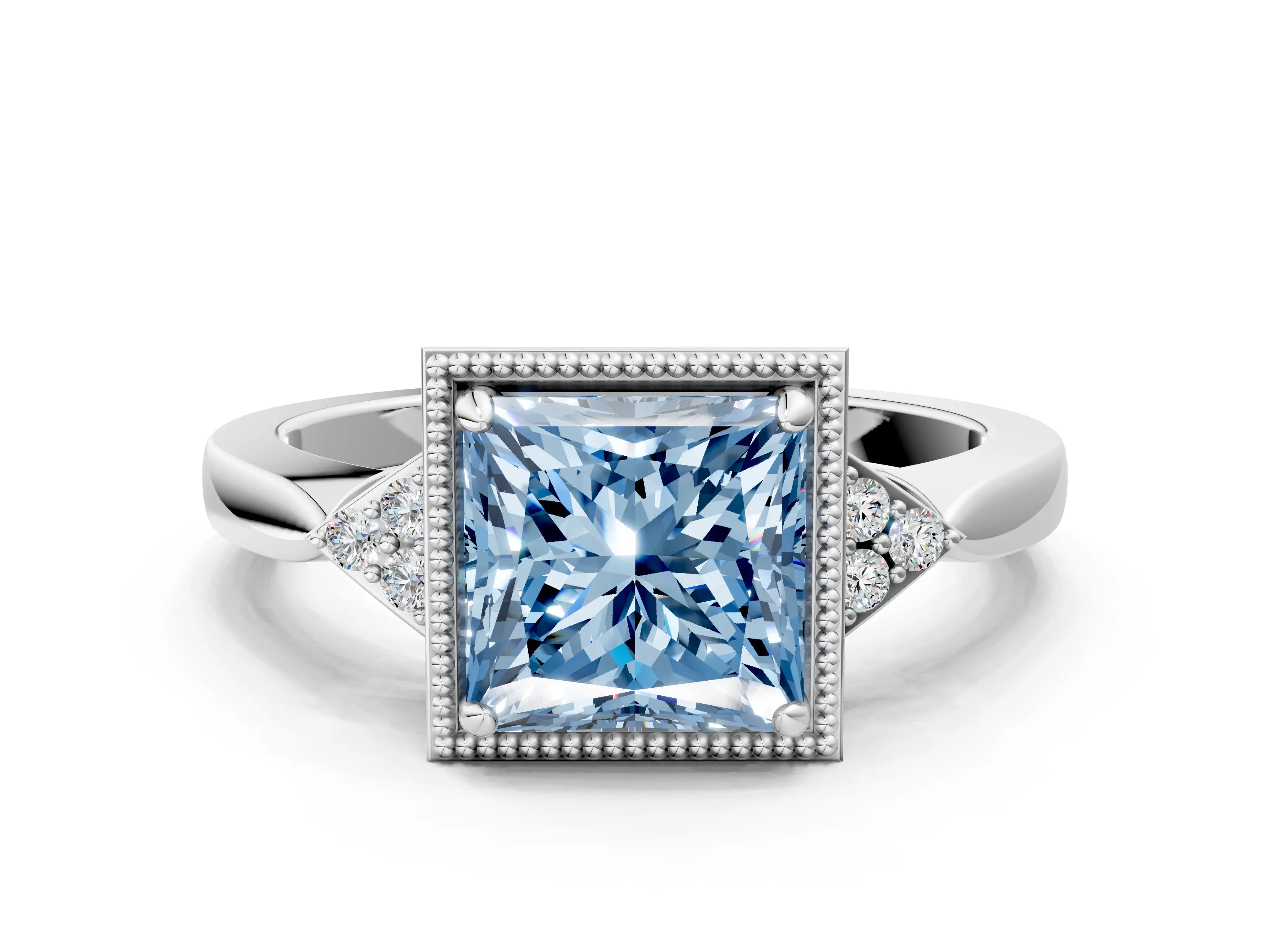 White gold Hexagonal Halo Fancy Blue Princess Cut Diamond Solitaire with Pavé Band and Four-Prong Setting_3