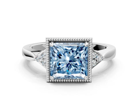 White gold Hexagonal Halo Fancy Blue Princess Cut Diamond Solitaire with Pavé Band and Four-Prong Setting_3
