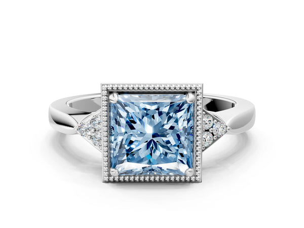 White gold Hexagonal Halo Fancy Blue Princess Cut Diamond Solitaire with Pavé Band and Four-Prong Setting