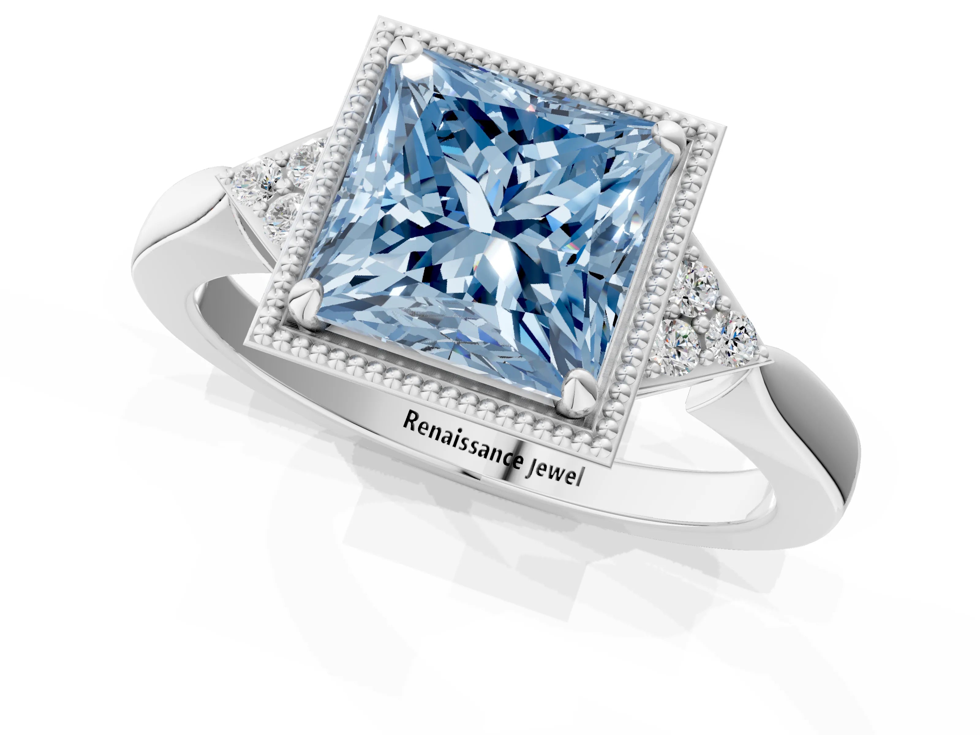 White gold Hexagonal Halo Fancy Blue Princess Cut Diamond Solitaire with Pavé Band and Four-Prong Setting_4