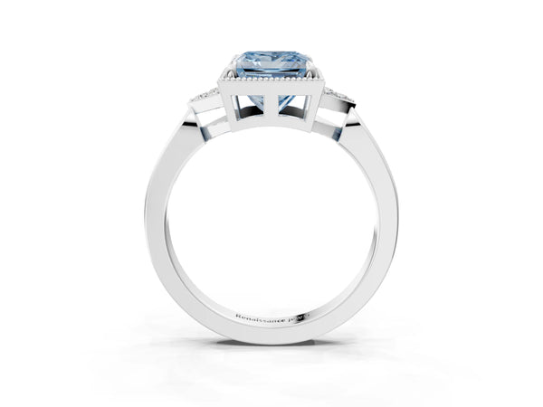 White gold Hexagonal Halo Fancy Blue Princess Cut Diamond Solitaire with Pavé Band and Four-Prong Setting