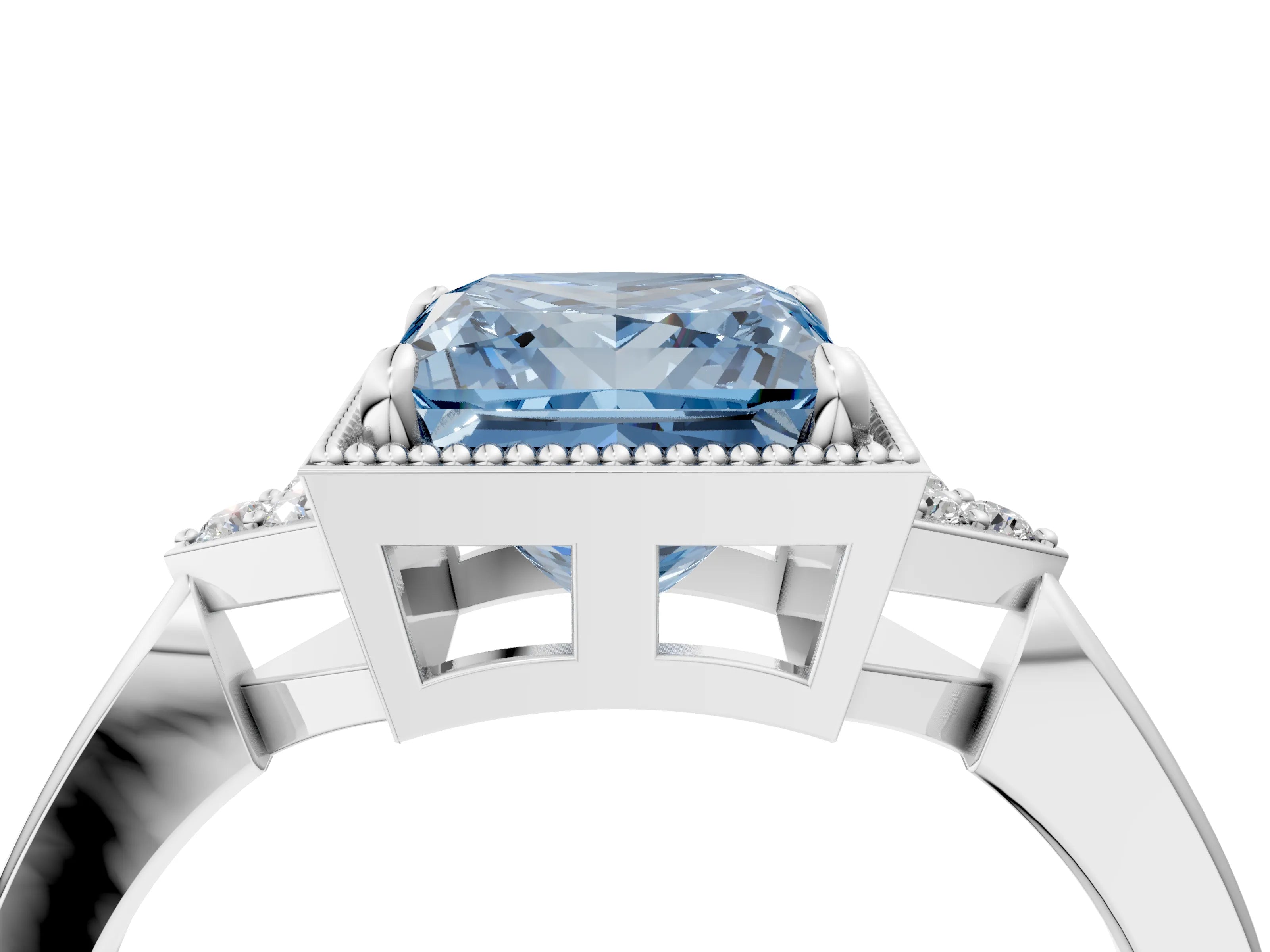 White gold Hexagonal Halo Fancy Blue Princess Cut Diamond Solitaire with Pavé Band and Four-Prong Setting_7