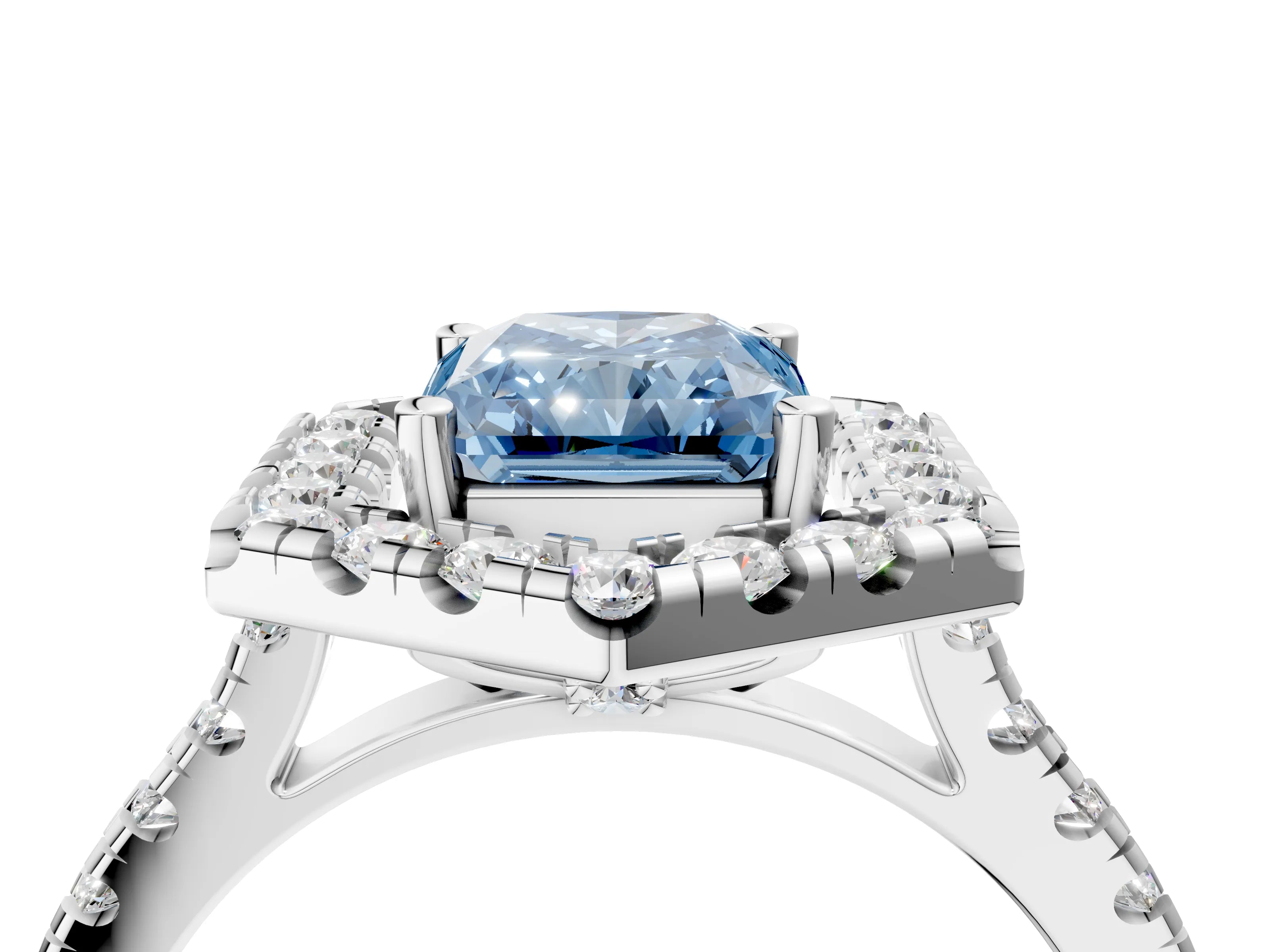 White gold Hexagonal Halo Fancy Blue Radiant Cut Diamond Pavé Band with Four-Prong Setting_4