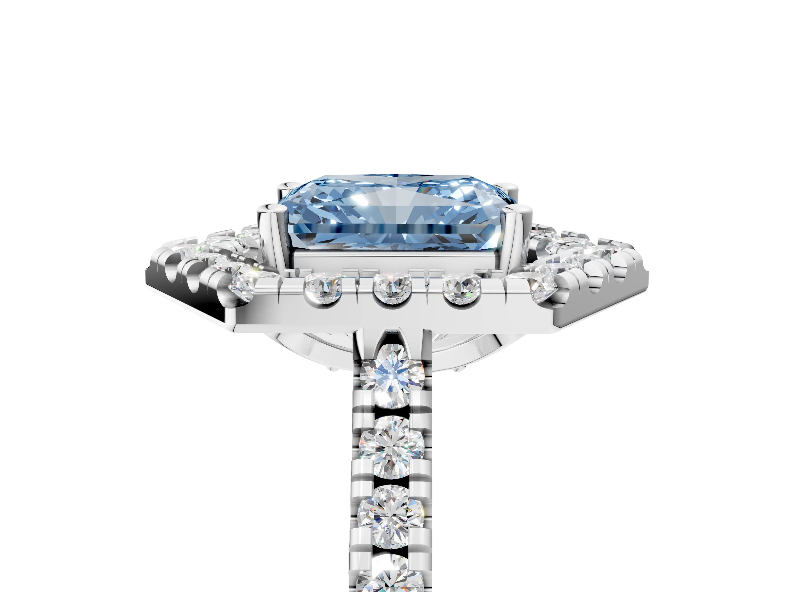 White gold Hexagonal Halo Fancy Blue Radiant Cut Diamond Pavé Band with Four-Prong Setting_5
