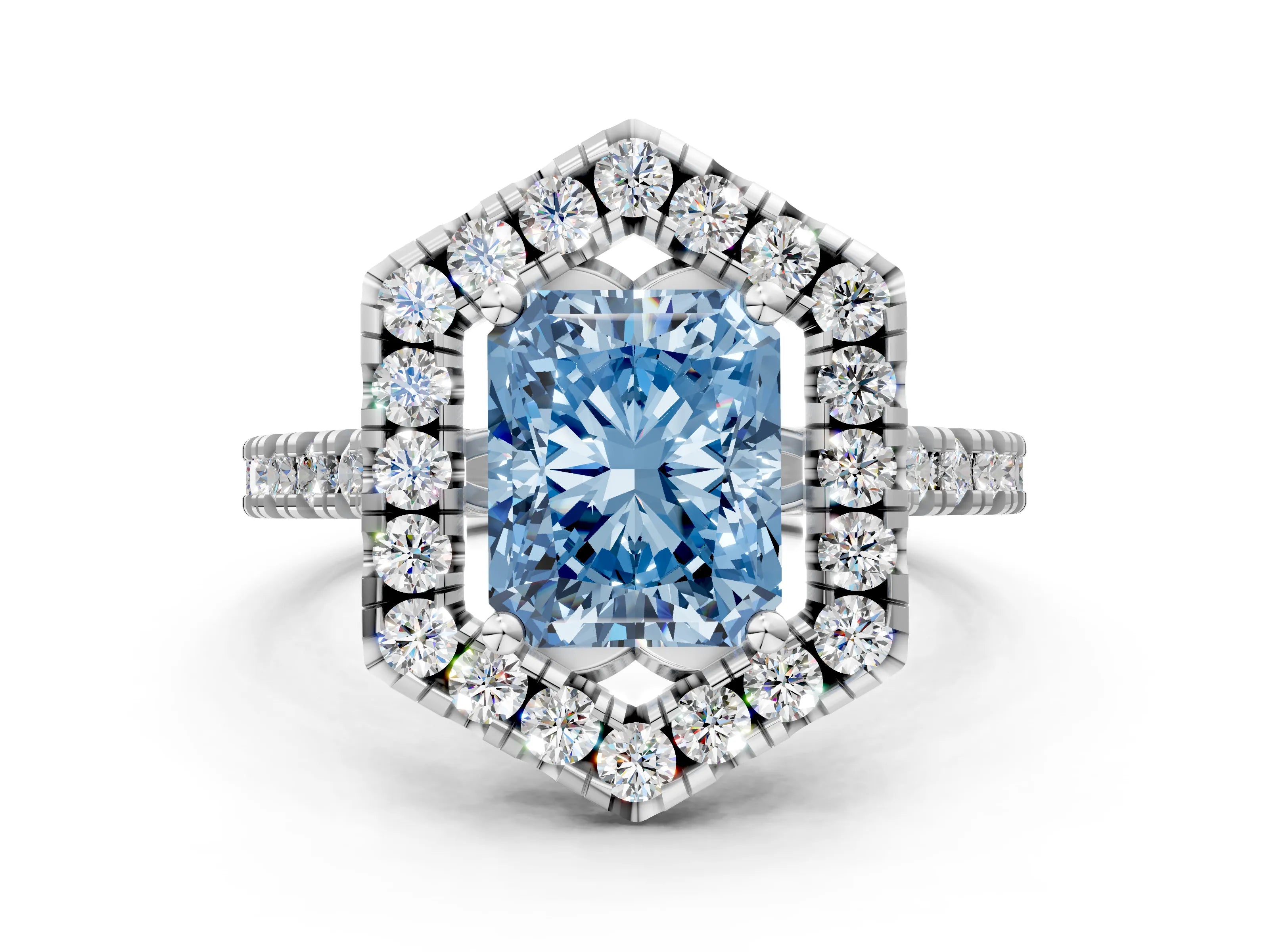 White gold Hexagonal Halo Fancy Blue Radiant Cut Diamond Pavé Band with Four-Prong Setting