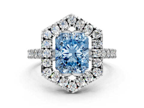 White gold Hexagonal Halo Fancy Blue Radiant Cut Diamond Pavé Band with Four-Prong Setting