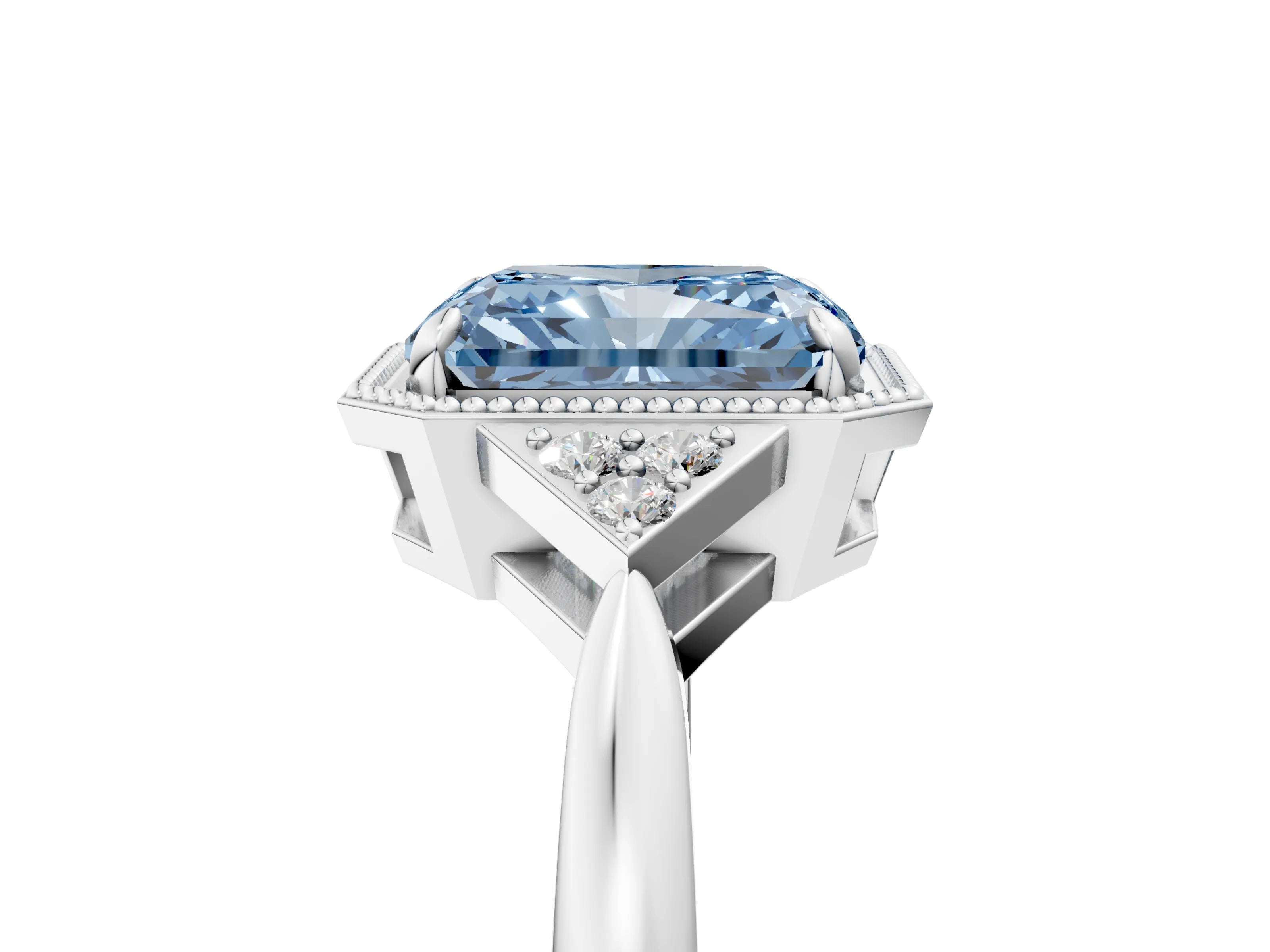 White gold Hexagonal Halo Fancy Blue Radiant Cut Diamond Solitaire with Pavé Band and Four-Prong Setting_20