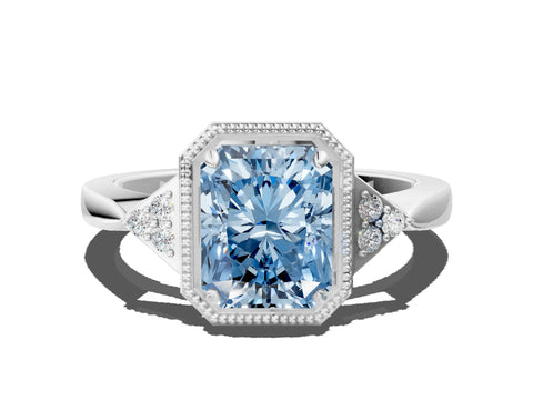 White gold Hexagonal Halo Fancy Blue Radiant Cut Diamond Solitaire with Pavé Band and Four-Prong Setting_3
