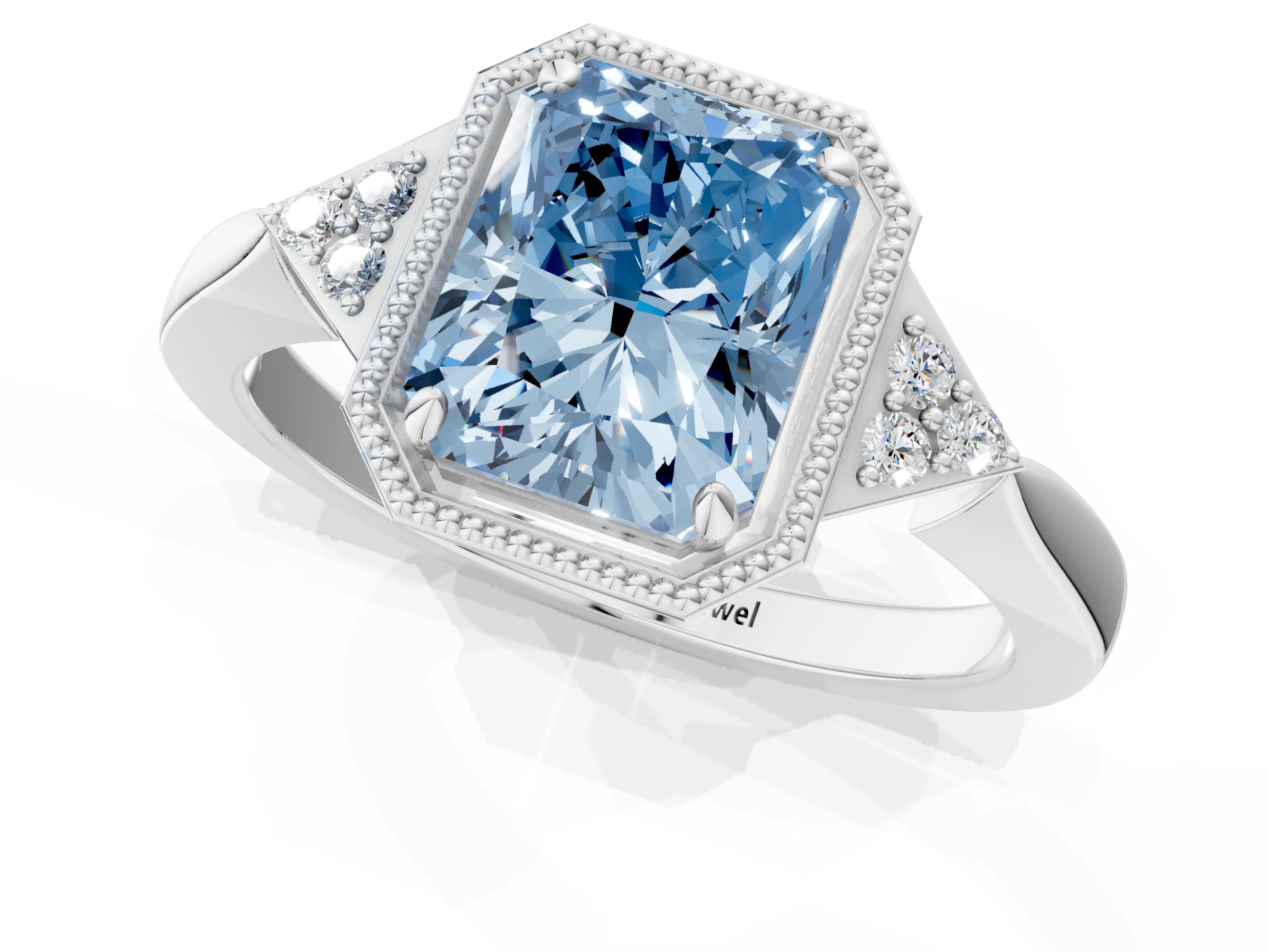 White gold Hexagonal Halo Fancy Blue Radiant Cut Diamond Solitaire with Pavé Band and Four-Prong Setting_4
