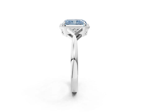 White gold Hexagonal Halo Fancy Blue Radiant Cut Diamond Solitaire with Pavé Band and Four-Prong Setting_5