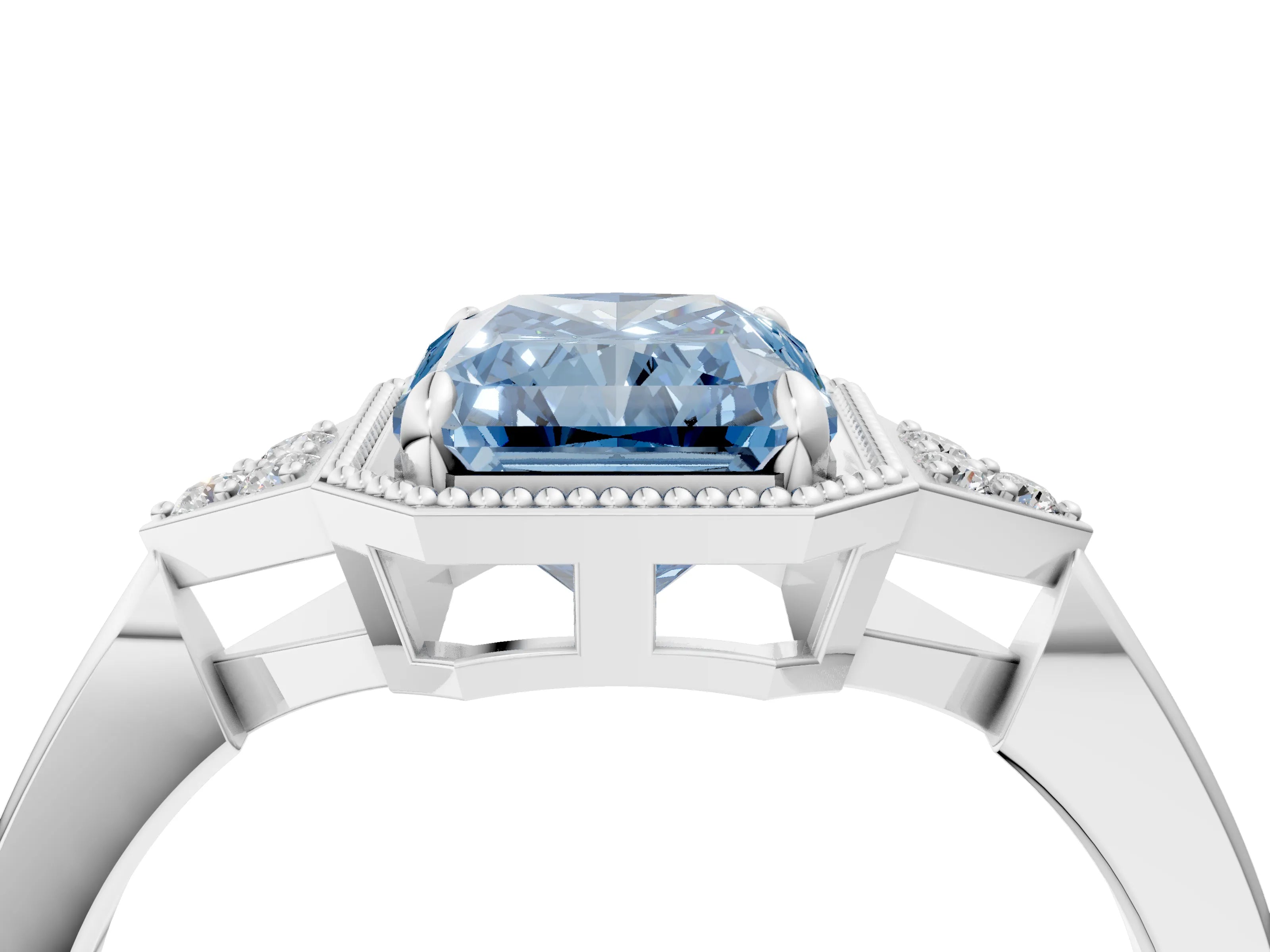 White gold Hexagonal Halo Fancy Blue Radiant Cut Diamond Solitaire with Pavé Band and Four-Prong Setting_7