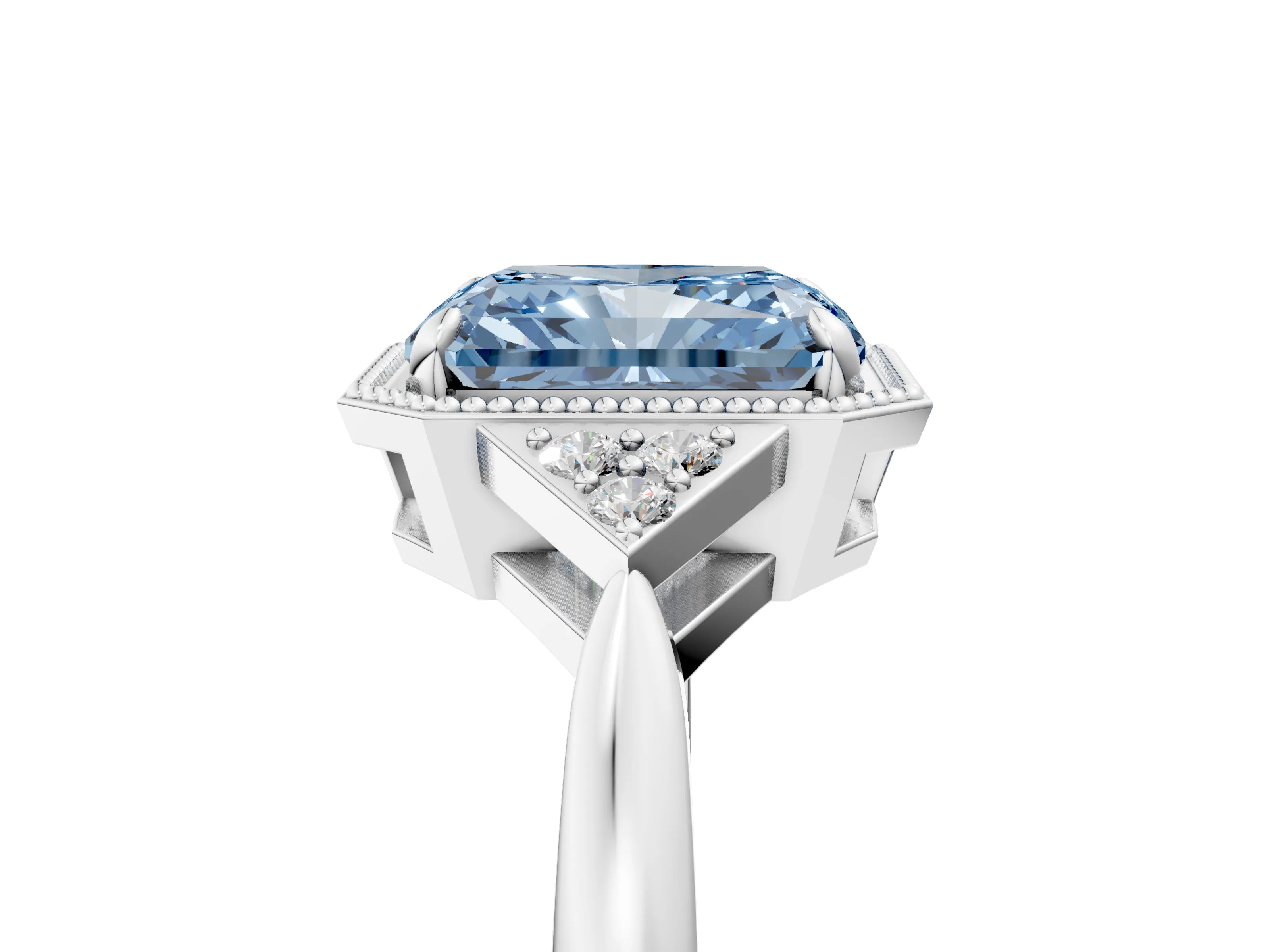 White gold Hexagonal Halo Fancy Blue Radiant Cut Diamond Solitaire with Pavé Band and Four-Prong Setting_8