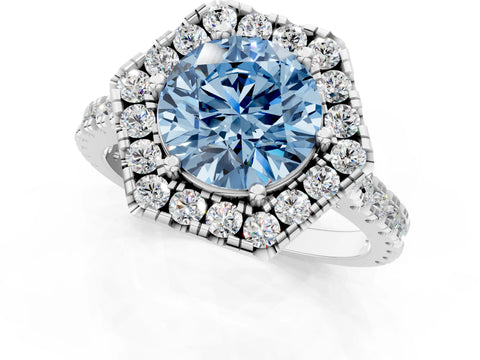 White gold Hexagonal Halo Fancy Blue Round Cut Diamond Pavé Band with Four-Prong Setting_1
