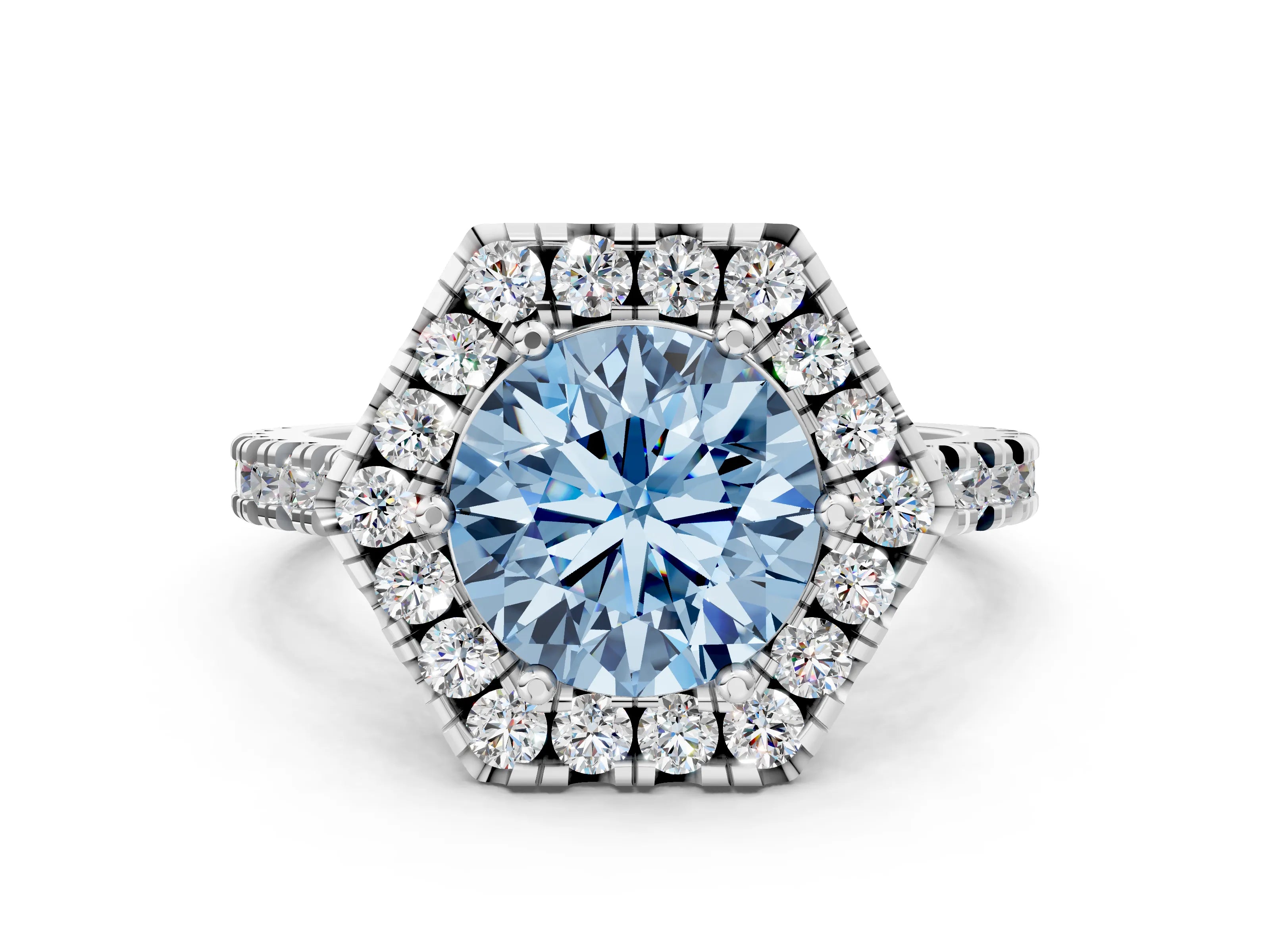 White gold Hexagonal Halo Fancy Blue Round Cut Diamond Pavé Band with Four-Prong Setting